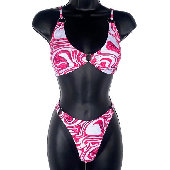 New Small Hot Pink Swirl Bikini O Ring Triangle Padded Top Swimsuit Y2k‎ 90s - Picture 1 of 4